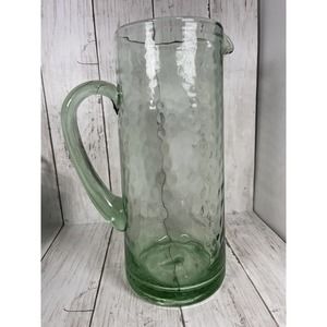 Glass Pitcher Green Blue Hammered Pattern Handled Heavy Thick